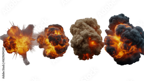 A powerful explosion sequence with fire, smoke, and debris isolated on a white background.