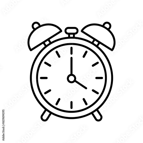 A classic twin bell alarm clock depicted in a simple line art style. Vector icon representing time, deadlines, and the morning wake-up routine.