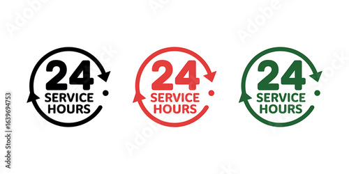 Set of 24 Service Hours icons in black, red, and green for round-the-clock customer support