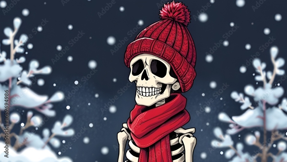 Naklejka premium Cheerful Skeleton Wearing Red Beanie and Scarf in Snowy Winter Illustration