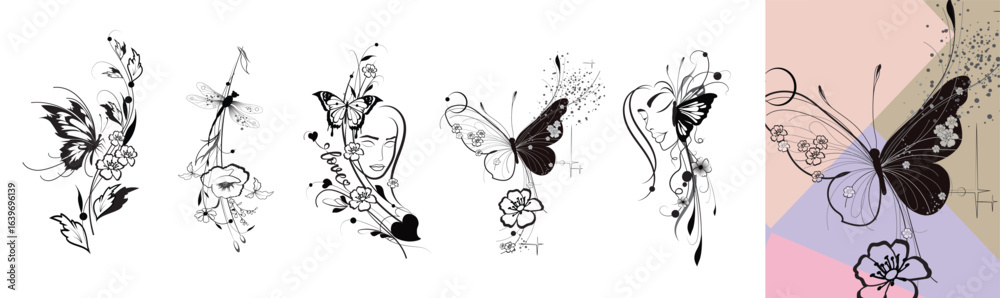 Naklejka premium Butterflies, dragonfly, flowers and women's faces silhouettes graceful compositions set. Isolated drawings for card, book pages, phone case, stickers, cups, bags, wall art, t-shirt printing, tattoo.