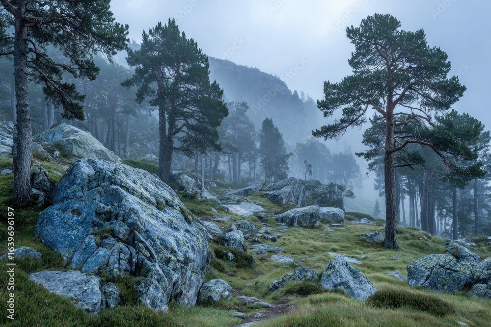 Obraz premium Mountain Landscape with Trees and Rocks