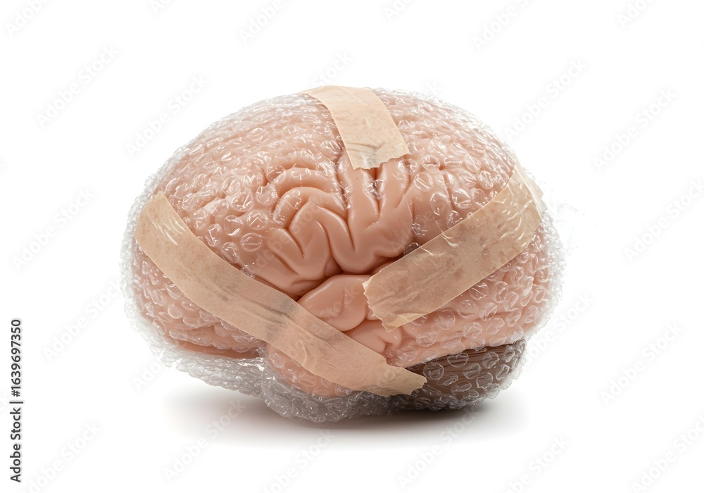 Obraz premium Human brain wrapped in bubble wrap with adhesive tape isolated on white background concept of fragile mind brain injury prevention and mental health care