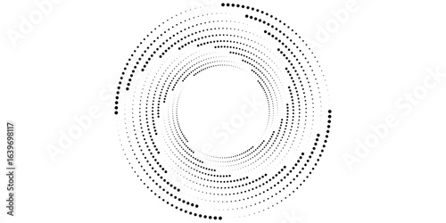 Vector dotted speed lines in vortex form. Geometric art. Segmented circle. Arc lines. Trendy design element for frame, round logo, sign, symbol, web, prints, posters, template, pattern, backdrop