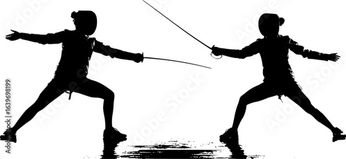 silhouettes of people doing fencing poses with swords, black and white, full body