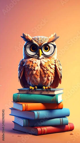 Wallpaper Mural Whimsical cartoon owl with black-rimmed glasses perched on a vibrant stack of colorful books against a warm peach and orange gradient background, symbolizing wisdom and education. Torontodigital.ca