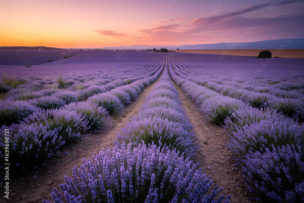 Obraz premium Photo of rows of lavender stretch into the horizon under a vibrant sunset, painting the landscape in shades of purple and orange