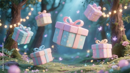 Whimsical Floating Gift Boxes in Enchanted Forest Scene with Soft Lighting and Sparkling Lights