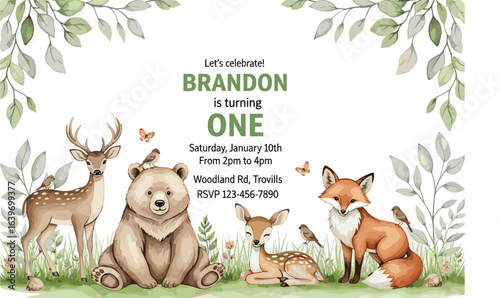 Woodland cartoon Animals watercolor illustration template. 