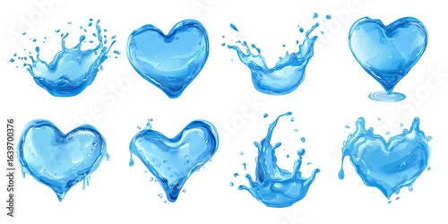Nine stylized blue water hearts with splashes
