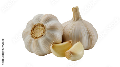 Fresh garlic bulbs with several peeled cloves isolated on a white background