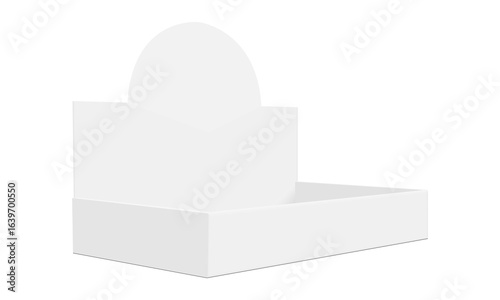 Empty cardboard display box mockup with rounded top, side perspective view. Ideal vector for packaging design, retail branding, product display, advertising, and POS materials