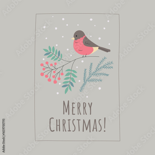 Hand drawn Christmas card with bullfinch, rowan branch, spruce twig and snowflakes. Vector illustration for holiday greetings, seasonal branding, and cozy winter designs.