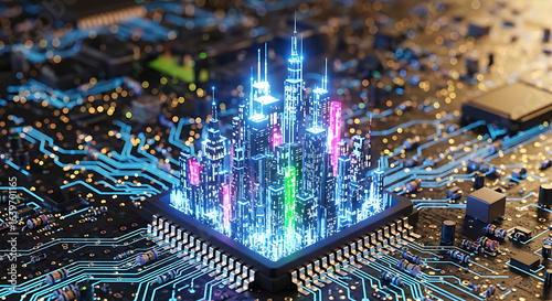 Digital Metropolis: A futuristic cityscape, composed of sleek skyscrapers bathed in neon light, rises from the heart of an intricate circuit board.