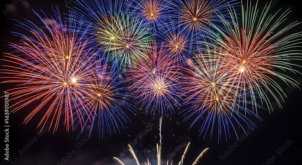 Naklejka premium Colorful fireworks display in a night sky. Celebration, New Year, festive event.