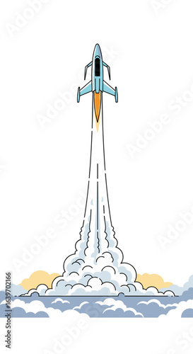 Illustration of a sleek blue rocket ascending rapidly leaving a massive plume of white smoke and fiery exhaust against a backdrop of light yellow clouds and white space