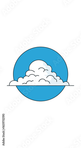 Stylized cumulus cloud emblem floating serenely above the horizon against a bright blue sky circle