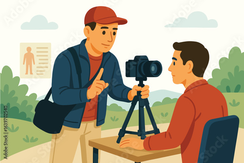 Photographer adjusting tripod on location Illustration.