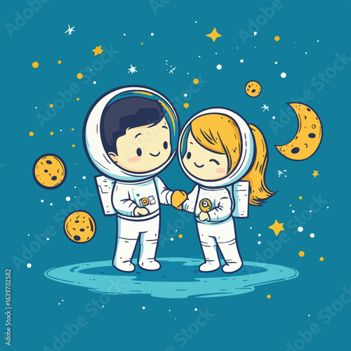 Love story of boy and girl astronauts in space, vector style simple color