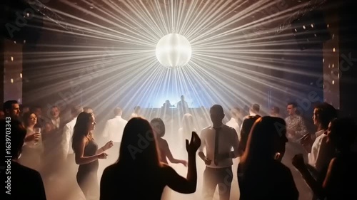 Energetic dance party scene with people enjoying music under a dazzling disco ball and light rays
