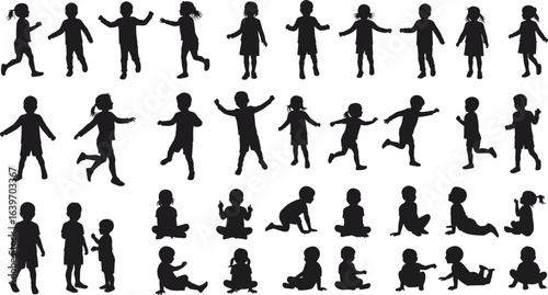 Children silhouette vector, kids walking, toddlers sitting, crawling babies, child playing poses, silhouette bundle, child activity clipart,