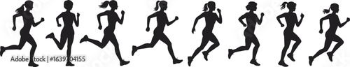 Running stride silhouette sequence, eight dynamic phases, athlete motion study, biomechanics, jogging progression, sports movement, vector illustration, fitness