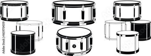 Musical drum set illustration, different drum types, black white percussion instruments, flat vector drawing, music education, instrument design concept