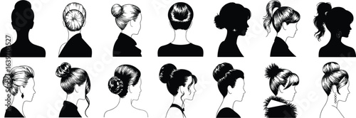 Women hairstyle illustration set, elegant hair designs, black white updo styles, flat vector drawing, beauty fashion concept, hair inspiration