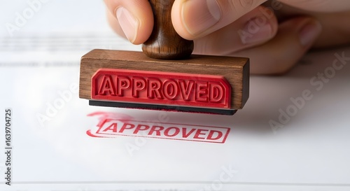 Close up of a person's hand stamping the word Approved in red ink on a document
