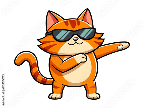 Cool orange tabby cat wearing sunglasses and dabbing