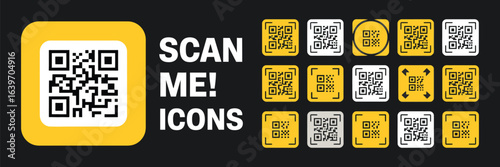A versatile set of 'Scan Me' QR code icons in yellow and white on a black background. Vector collection for mobile scanning and digital technology.