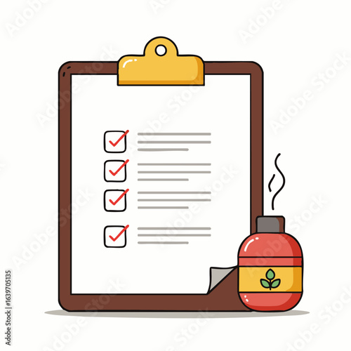 An illustration depicting a clipboard with a completed checklist next to a smoking bottle, symbolizing task completion and effective pest control solutions.
