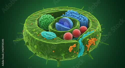 Colorful Plant Cell Illustration in Green Background Showing Organelles