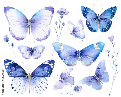 Collection of beautiful watercolor blue and purple butterflies and flowers isolated on transparent background