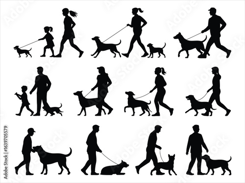 People walking dogs leashes silhouettes