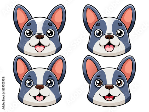 Four adorable cartoon french bulldog heads with happy expressions