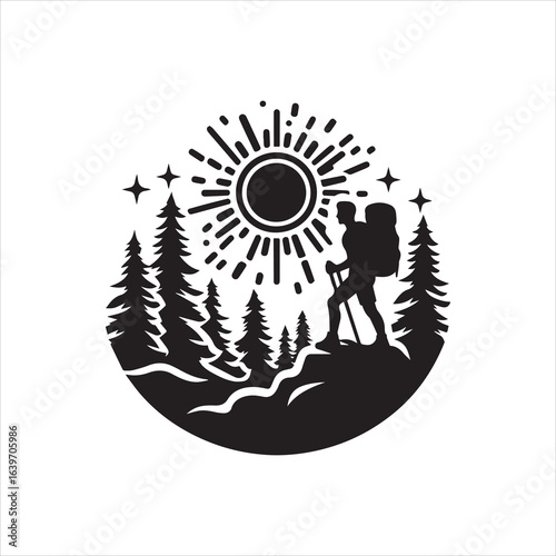 Silhouette of a hiker with backpack and walking sticks amidst pine trees and stars.