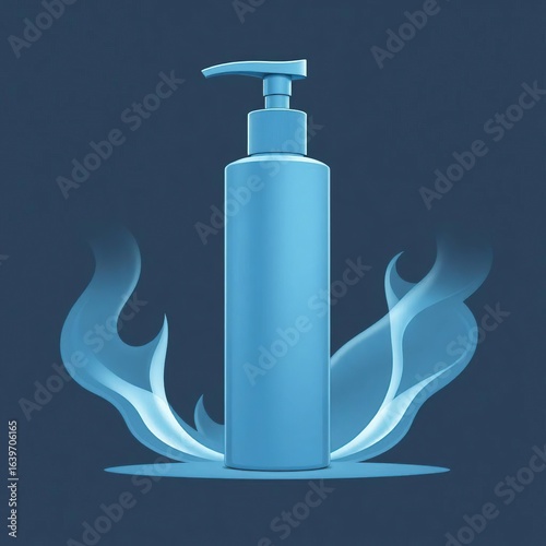 Blue pump dispenser bottle for beauty and skincare, elegantly surrounded by flowing blue ethereal energy on a dark background, conveying pristine quality and gentle care