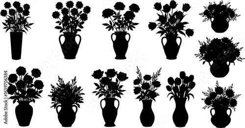 various flower arrangements in vases, silhouettes, stark contrast, simplistic composition, vector art style