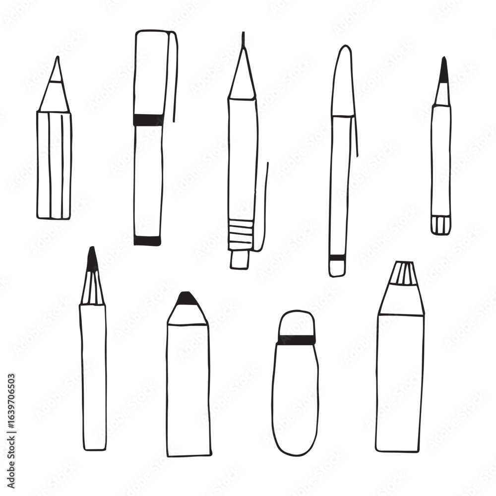 Obraz premium Pens and pencils set of doodles, hand drawing, vector illustration