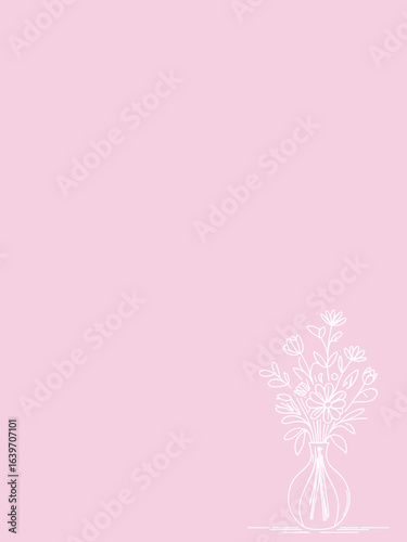 The image features a delicately cut out design of a bouquet of flowers in a vase on a soft pink background.