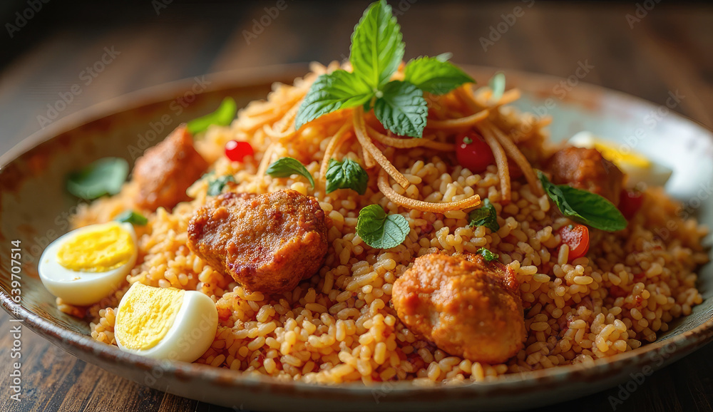 Delicious dish of flavorful rice with meatballs and garnishes Delicious dish of flavorful rice with meatballs and garnishes
