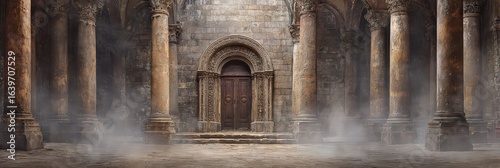 Ancient Stone Entrance With Pillars In Mist