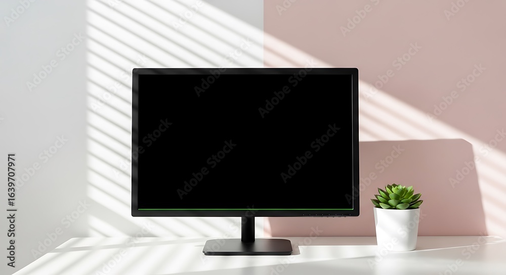 Fototapeta premium A computer monitor with a black screen and a small plant on a white desk