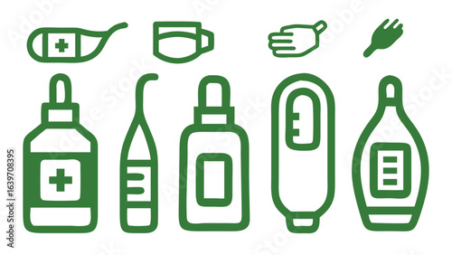 Vector illustration of a set of green glass bottles for beverages and liquids