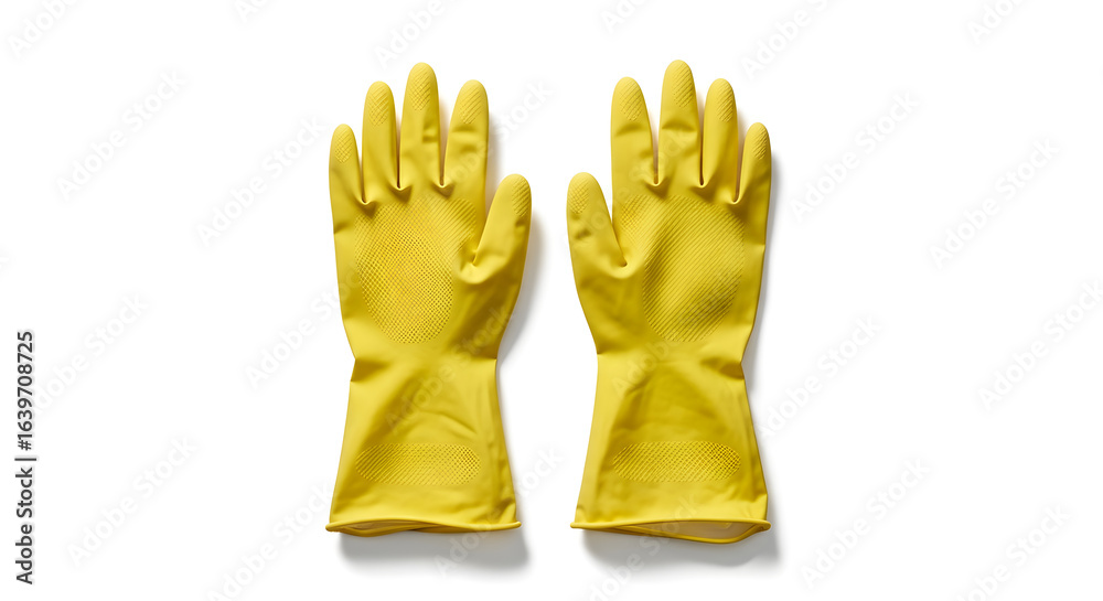 Obraz premium Pair of yellow rubber cleaning gloves placed side by side on a plain white background.