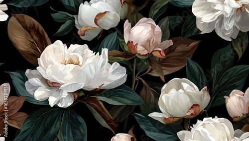 Obraz na płótnie Elegant White Peonies Pattern On Dark Background