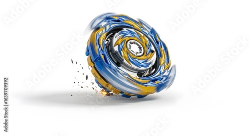 Spinning Blue and Gold Beyblade on White Background