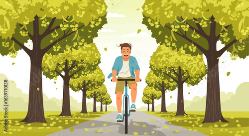 A delightful cartoon scene of a man cycling amidst a lush autumnal park
