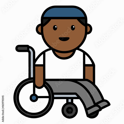 Friendly cartoon illustration of a smiling black man wearing a blue cap and white t shirt sitting in a wheelchair